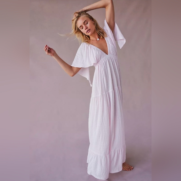 Free People Beach La La Maxi Dress V Neck Gauze Tiered Flutter Sleeve White L - Picture 4 of 16